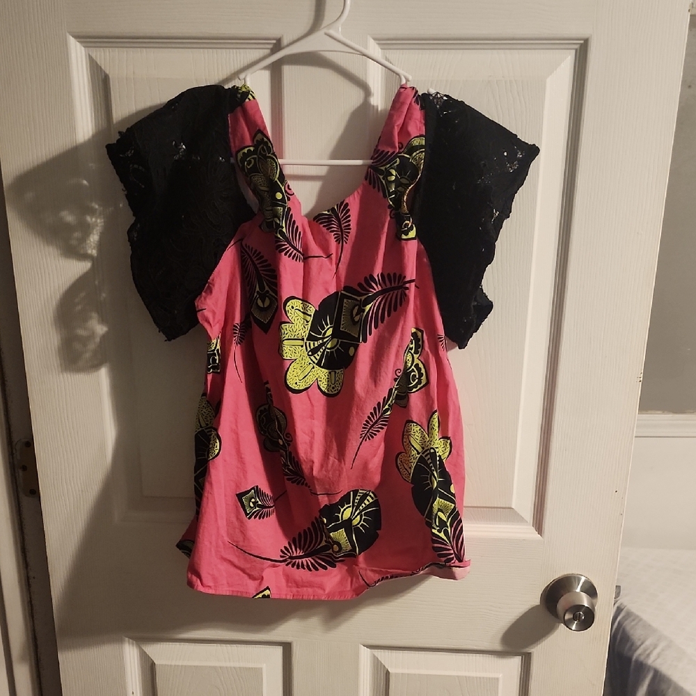 Eloquii Pink and Black Asymmetrical Cap Sleeve Blouse